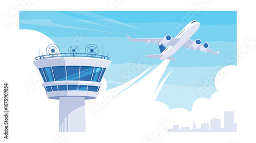Cartoon Airplane Taking Off from Airport with Control Tower and City Skyline, Perfect for Children's Illustration, Business and Travel