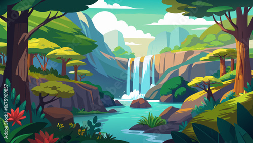 Lush jungle landscape with a waterfall cascading into a serene river