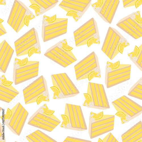 Lemon cake slice seamless pattern. Birthday dessert background. Holiday cake pie wallpaper illustration. Flat sweet vector clip art
