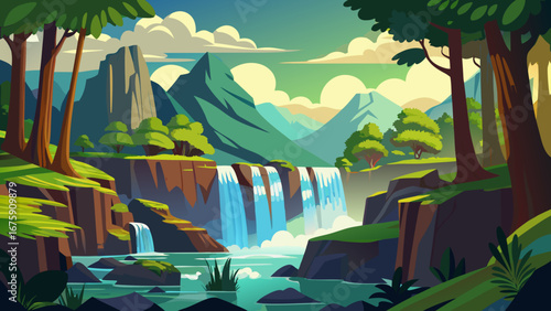 Majestic waterfall cascading down a rocky cliff into a tranquil river