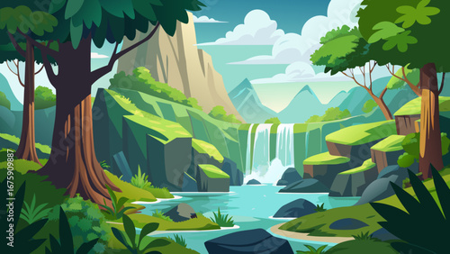 Cartoon landscape of a waterfall flowing into a river surrounded by greenery