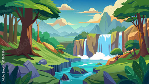 Lush forest landscape with a waterfall cascading into a clear river