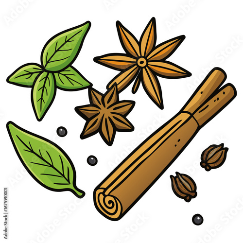 Brown cinnamon sticks and aromatic star anise pods make a flavorful, isolated seasoning for coffee and Christmas treats