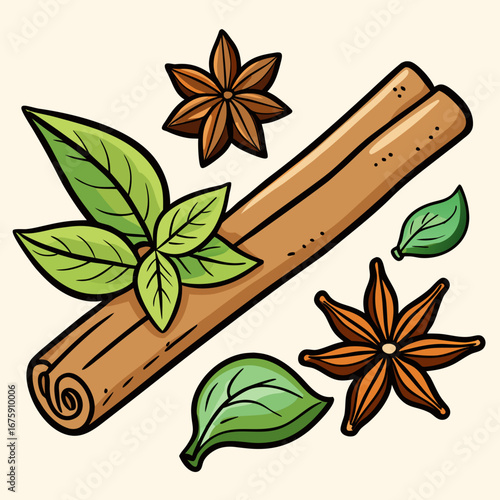 Aromatic brown spices like cinnamon sticks and star anise on a white background