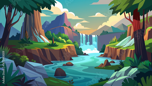 A vibrant cartoon landscape with a waterfall flowing into a peaceful river