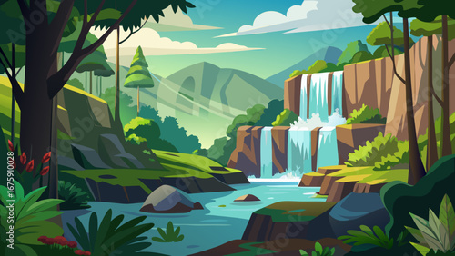 A beautiful waterfall cascades down the cliffs in a lush green forest