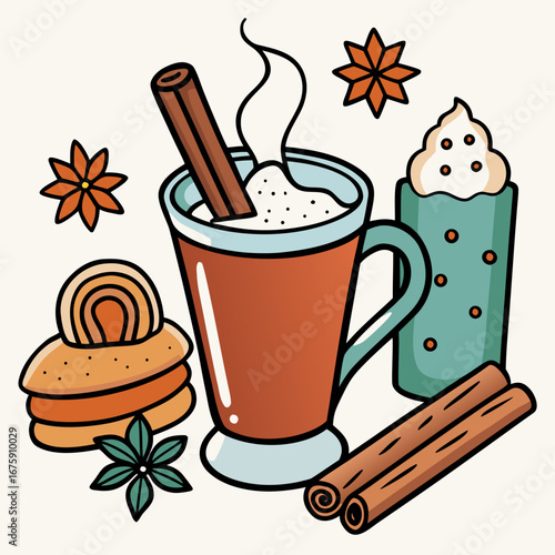 A hot mug of Christmas mulled wine with cinnamon, star anise, and other spices