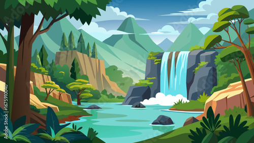 A serene waterfall flows into a tranquil river surrounded by lush greenery
