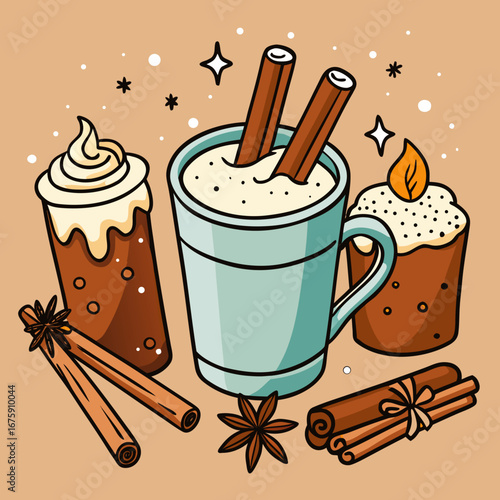 A delicious, hot mulled wine drink with cinnamon sticks and a sweet dessert on a white table