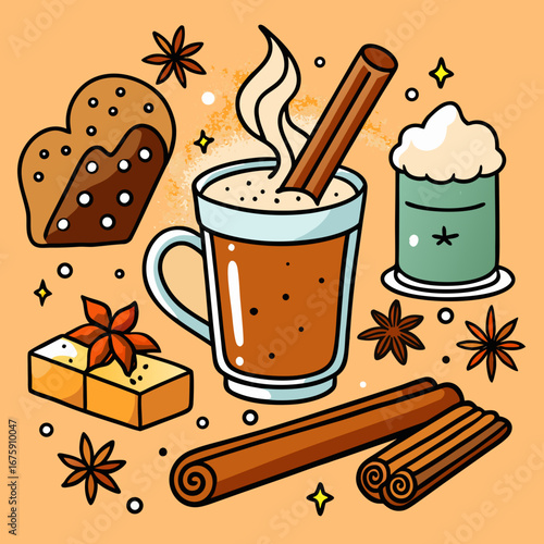 Christmas hot mulled wine with cinnamon, star anise, and spice in a brown cup with steam