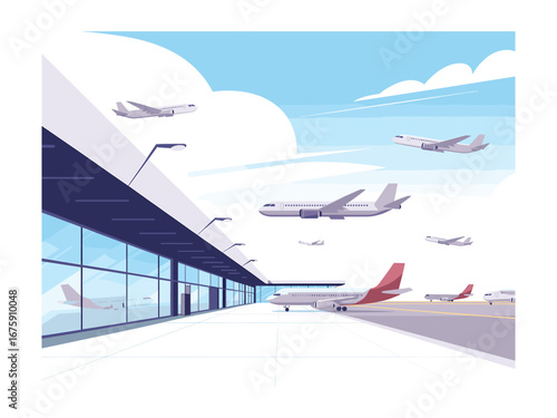 Modern Airport Terminal with Airplanes in Flight and on the Ground, Against a Blue Sky and Cloud Background, Vector Illustration
