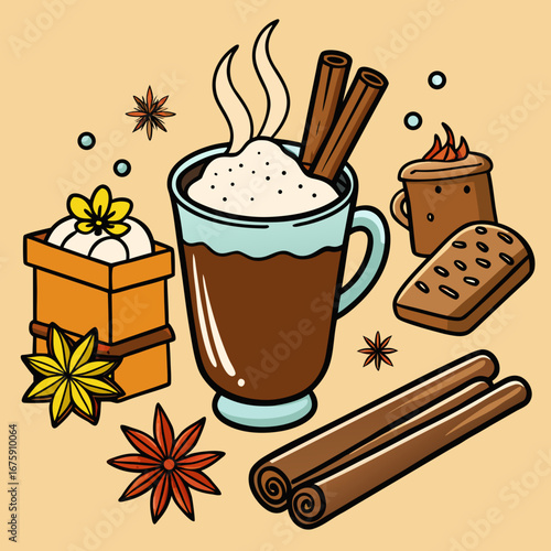 A cozy, festive mulled wine set with a tasty cinnamon cake and warm coffee