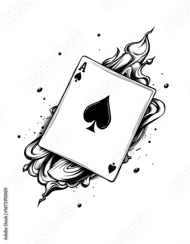 Flying playing card for poker and gambling, deuce spade isolated on white, clipping path, color sketch. isolated with white highlights