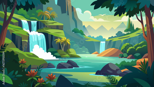 A scenic view of waterfalls and lush vegetation in a tropical forest setting