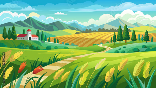 A picturesque landscape with rolling hills, fields, and a charming village