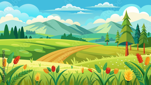 A vibrant landscape with a winding path, lush greenery, and distant mountains