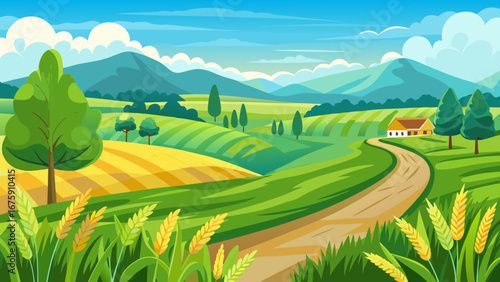 Picturesque countryside vista featuring rolling hills, golden fields, and a winding path