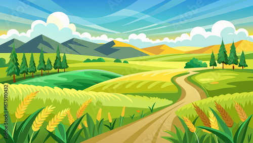 Scenic countryside landscape with rolling hills and a winding dirt road