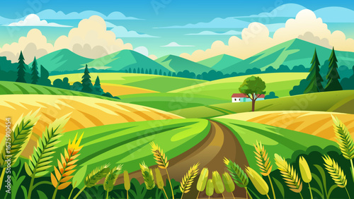 Cartoon countryside landscape with fields, hills, and a charming house