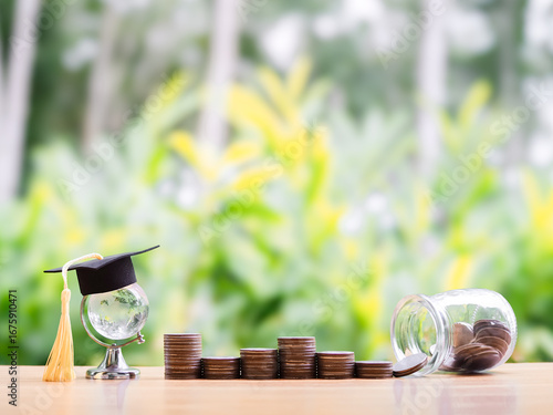Glass earth globe with graduation hat and stack of coins. The concept of saving money and manage time for education, student loan, scholarship, tuition fees in the future