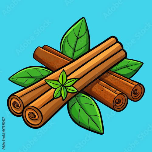 Aromatic brown cinnamon sticks and green leaves with dry mint leaves create a healthy and flavorful food ingredient and seasoning
