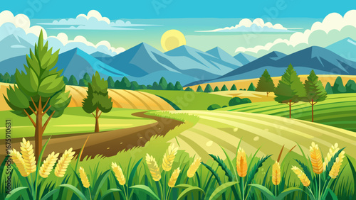Cartoon landscape with golden fields, mountains, and a rising sun