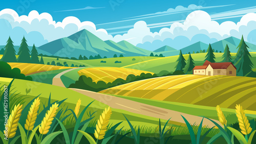 Idyllic countryside landscape with a winding path, fields, and a cozy house