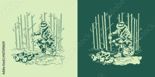 Bushcraft Survivalist in the Wilderness Vector Illustration