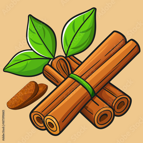 A close-up of isolated cinnamon sticks with aromatic mint and green leaves for seasoning