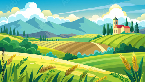 Scenic countryside landscape with rolling hills, fields, and a distant church