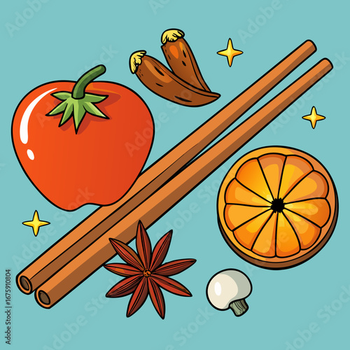 A festive illustration of mulled wine with Christmas spices, fruit, and orange decoration