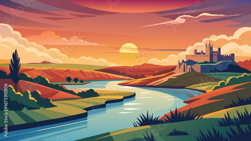 Scenic landscape with castle and river at sunset offers a tranquil atmosphere