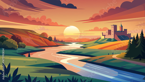 Idyllic landscape with castle and river at sunset presents a peaceful vista