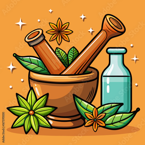 A set of colorful spices and fresh herbs, with a mortar and pestle, sits ready for natural and healthy cooking