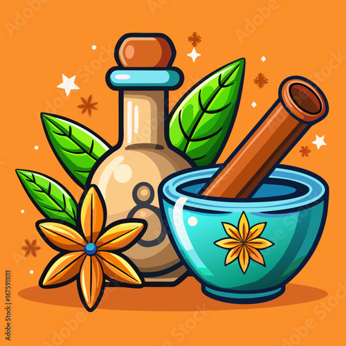 Green herbal ingredients are freshly ground in a wood mortar and pestle for cooking and natural medicine
