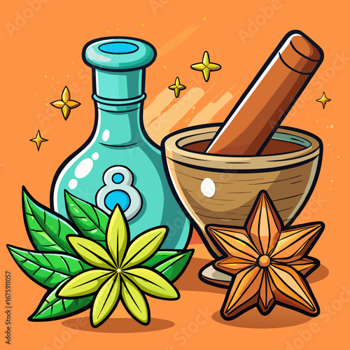 Herbal medicine preparation with a wooden mortar and pestle, grinding spices and herbs in an isolated kitchen setting