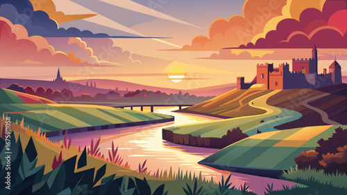 A scenic landscape featuring a castle on a hill during a vibrant sunset