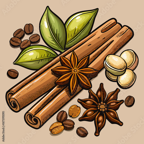Dried cinnamon sticks and star anise spices for food and aromatic decoration