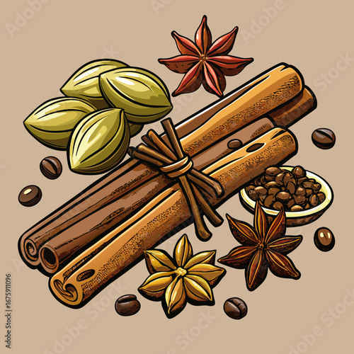 A closeup macro of aromatic cinnamon sticks and star anise spices on a white background for cooking and decoration