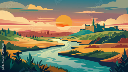 A picturesque landscape featuring a castle on a hill at sunset time