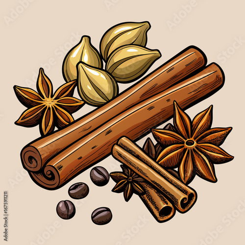 Spices of cinnamon sticks and star anise with a sweet, aromatic brown and dry texture for Christmas food decoration