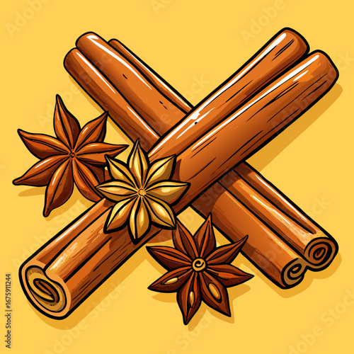 Warm and aromatic brown cinnamon sticks and star anise are isolated closeup, perfect for sweet dessert and Christmas decorations