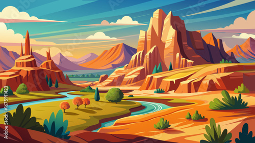 A cartoon landscape featuring a canyon with a river and desert vegetation