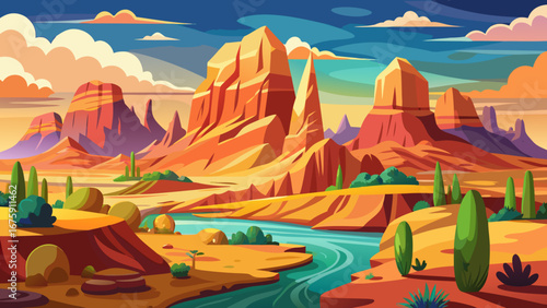 A cartoon landscape showing a canyon with a river flowing through the desert