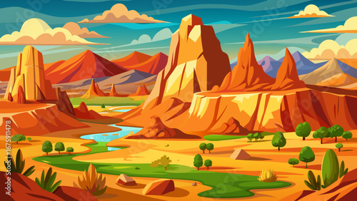 Vibrant cartoon landscape of a desert canyon with towering rock formations