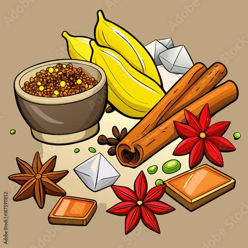 Aromatic food ingredients, a set of spices and herbs like cinnamon, star anise, and cloves, decorate the scene