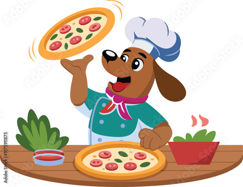 Dog chef tossing pizza cooking food