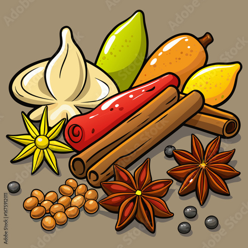 Brown and aromatic star anise, cinnamon sticks, and cloves on a white background create a festive and flavorful arrangement