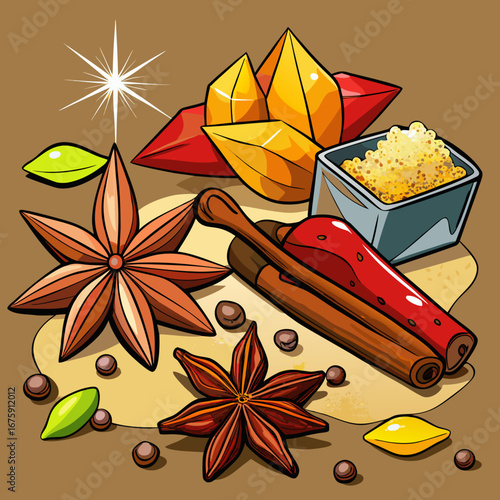 A beautiful autumn design with a vibrant set of spices, herbs, and flowers arranged in a star pattern