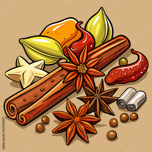 A macro closeup of star anise and cinnamon sticks provides a delicious and aromatic brown flavor and festive Christmas food decoration